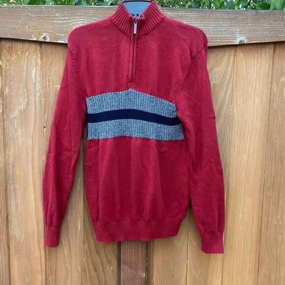 🧥Geoffrey Beene Maroon 1/2 Zip Knit Sweater w/Navy & Gray Stripe. EUC! Sz S - Picture 1 of 5